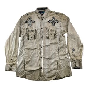 Roar Khaki Embroidered Western Shirt Button Down Cross Rock Biker Y2k Men XXL